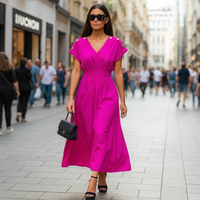 V Neck Elastic Waist Pocket Maxi Dress