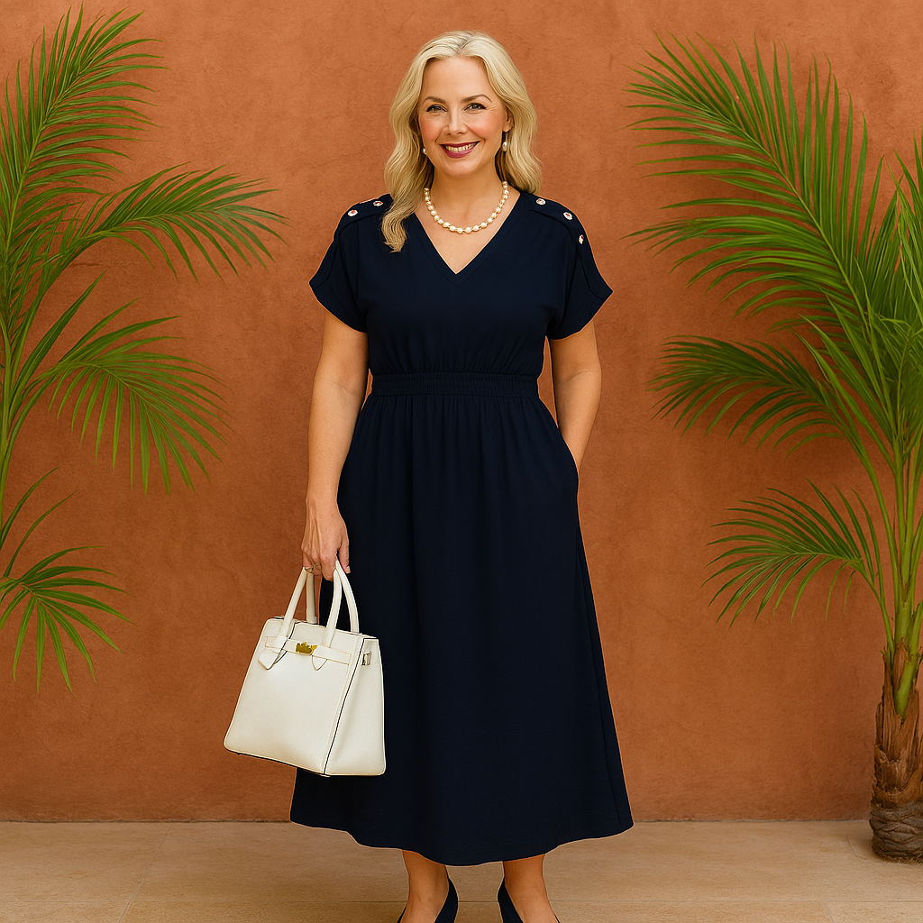 V Neck Elastic Waist Pocket Maxi Dress