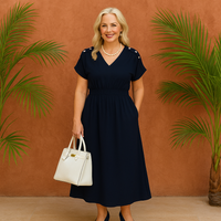 V Neck Elastic Waist Pocket Maxi Dress