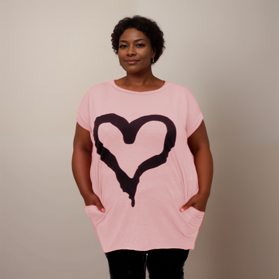 CAP SLEEVE DIPPED HEM T-SHIRT WITH HEARTPINK / UK 12-14