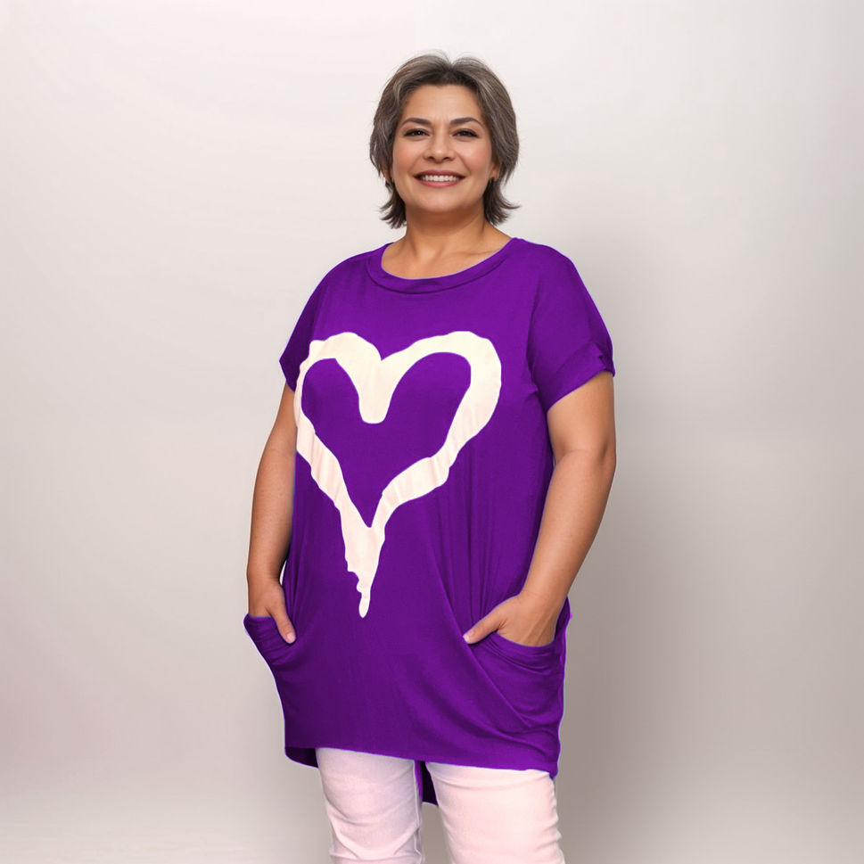 ROCKTHOSECURVES CAP SLEEVE DIPPED HEM T-SHIRT WITH HEARTPurple / White / UK 12-14