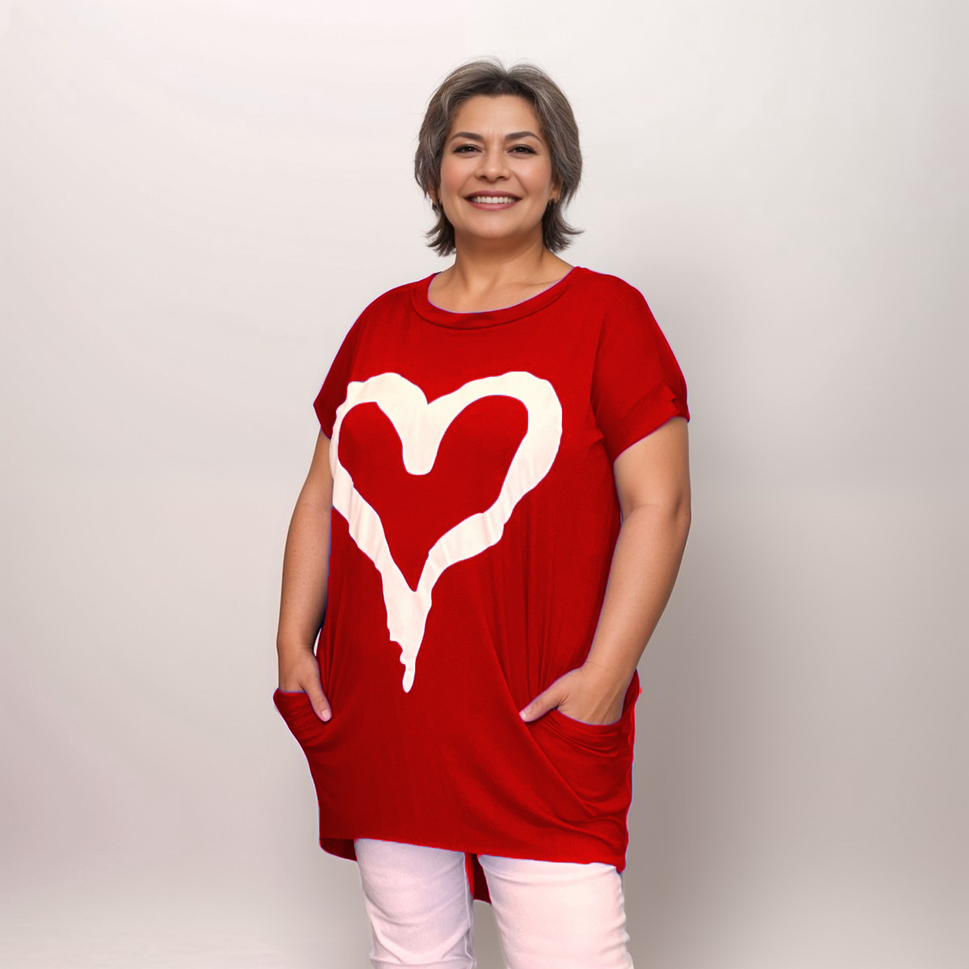 CAP SLEEVE DIPPED HEM T-SHIRT WITH HEARTRED / UK 12-14