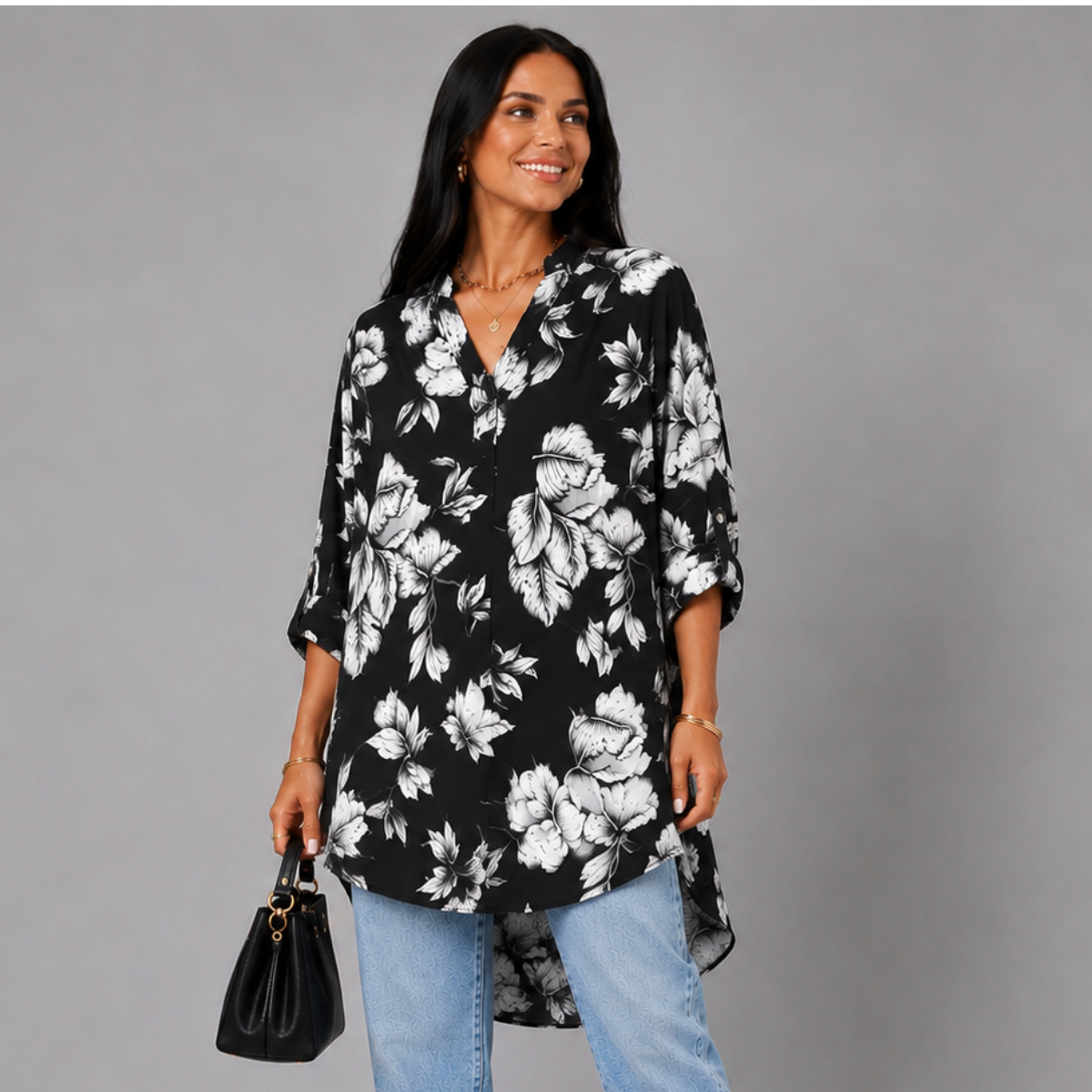 V‑Neck Floral Long Dipped Hem Top with Button Sleeves