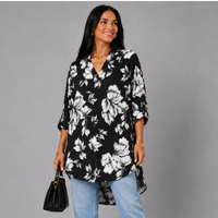 V‑Neck Floral Long Dipped Hem Top with Button Sleeves