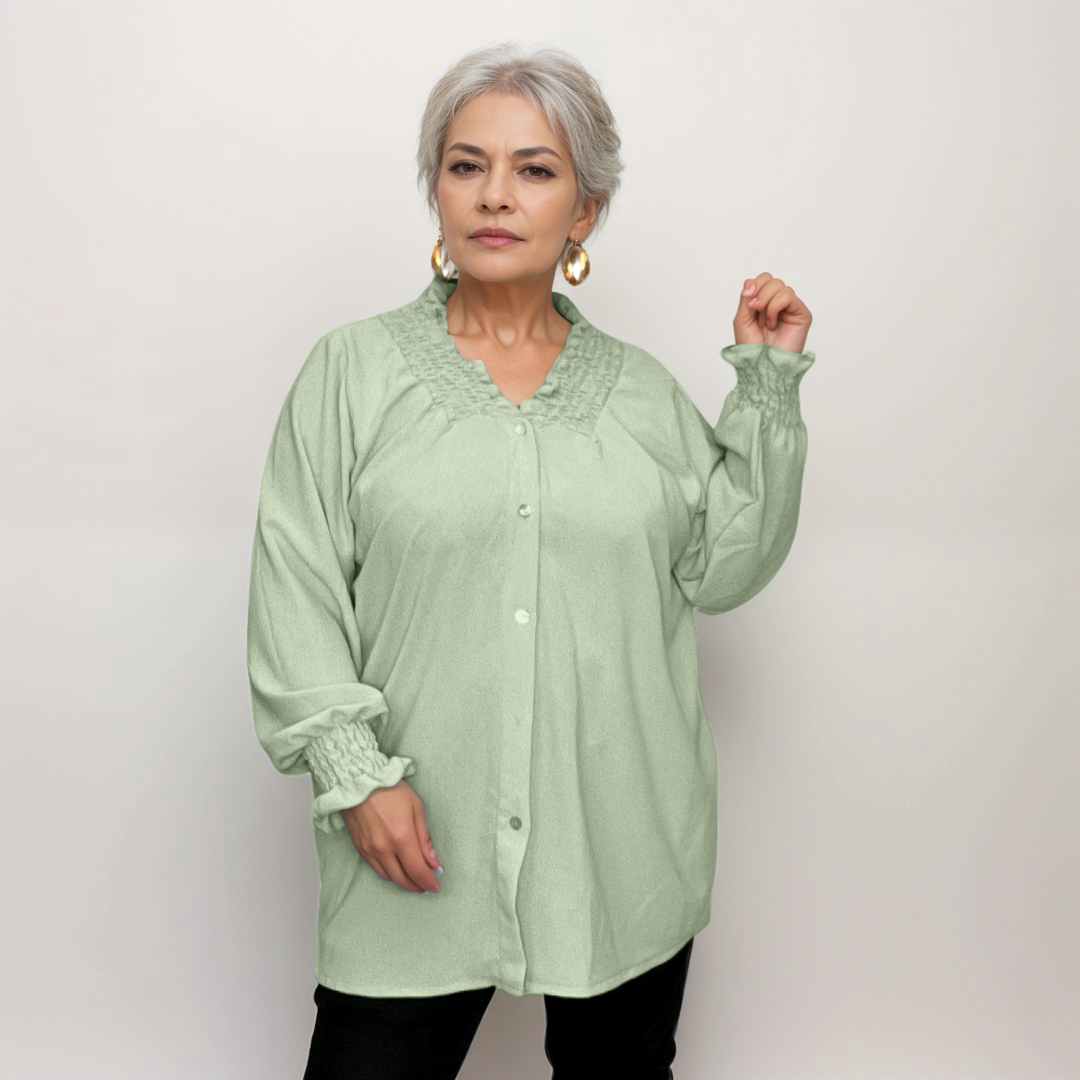 Plus‑Size Smocked V‑Neck Long Sleeve Blouse