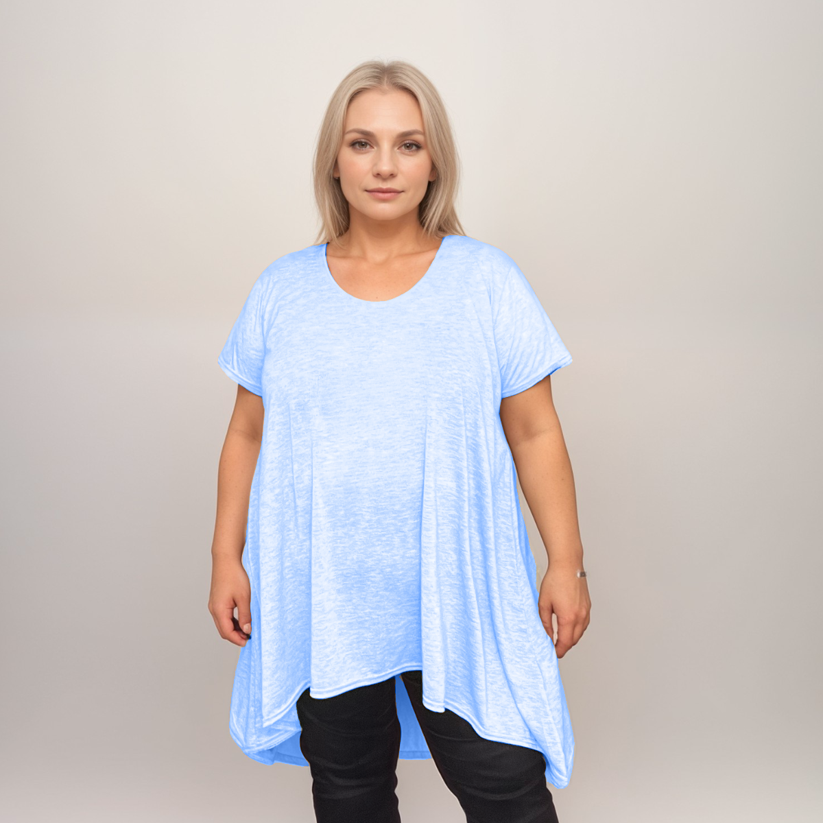 Plus‑Size Plain Pastel Short Sleeve Swing Top with Hanky Hem
