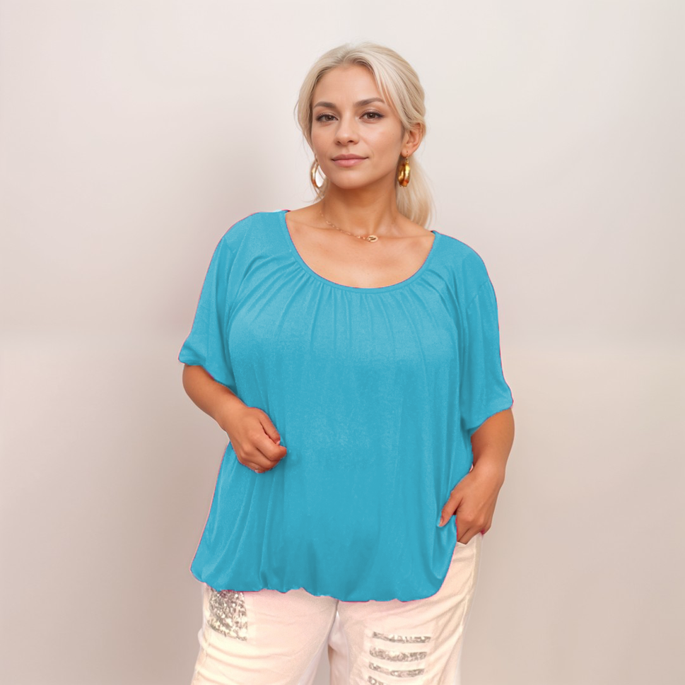 SHORT SLEEVE PLAIN T-SHIRT ELASTICATED WAIST / NECKTURQUOISE / UK 12-14