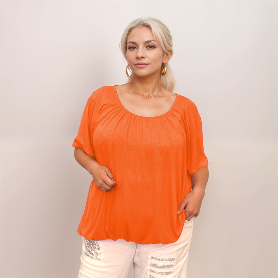 SHORT SLEEVE PLAIN T-SHIRT / TOP WITH ELASTICATED WAIST AND NECK