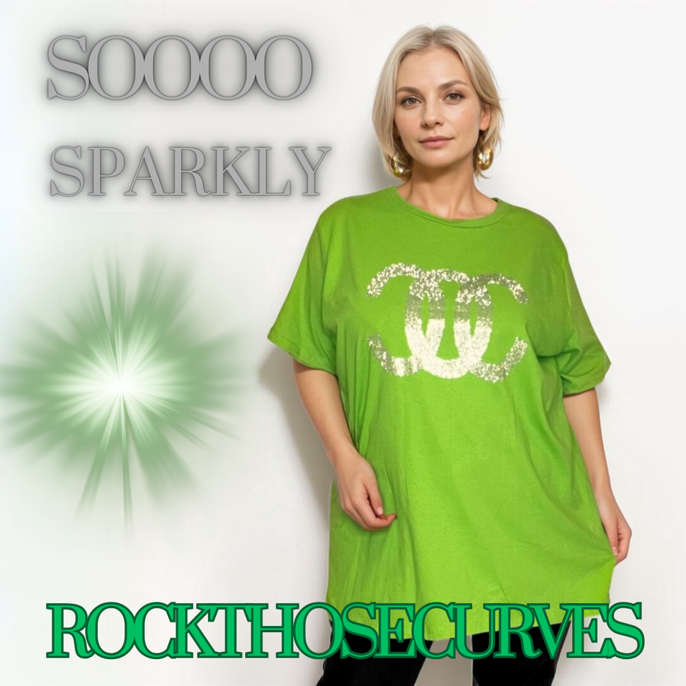 ROCKTHOSECURVES STUDDED SHORT SLEEVE COTTON T-SHIRT LONGER LENGTHGREEN / UK 16-18