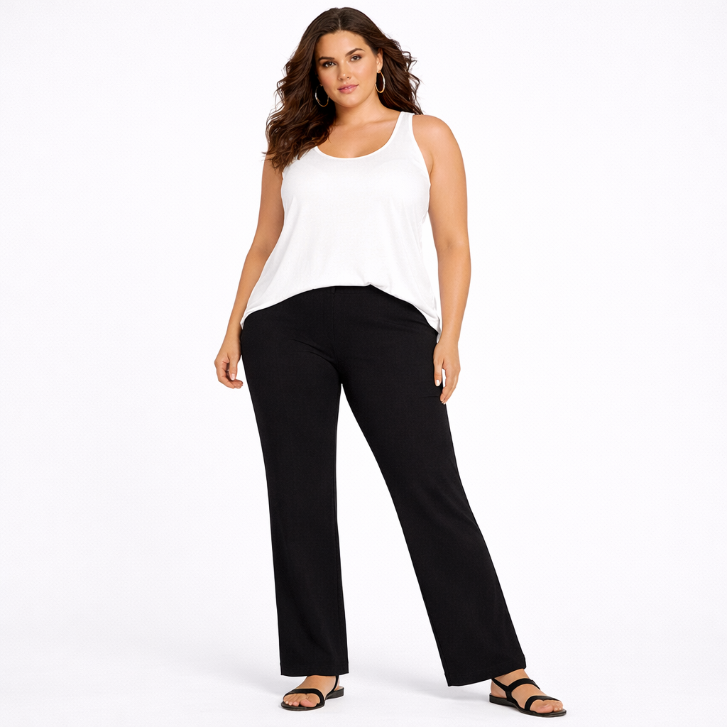 High Rise Elastic Waist Stretchy Ribbed Bootleg Trousers