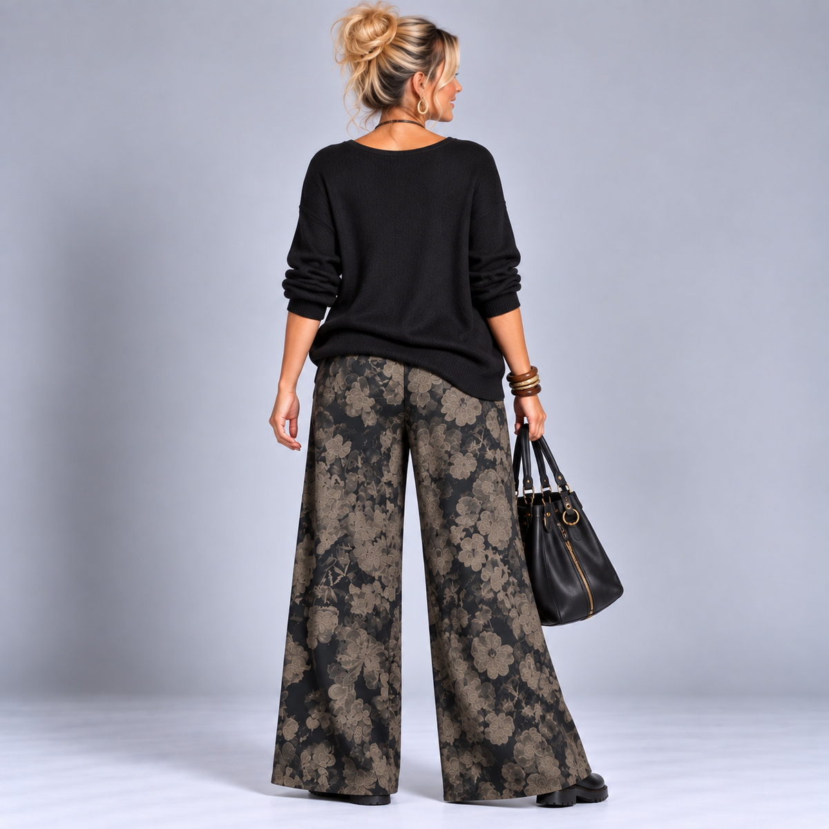 Black Grey Floral Palazzo Trousers
