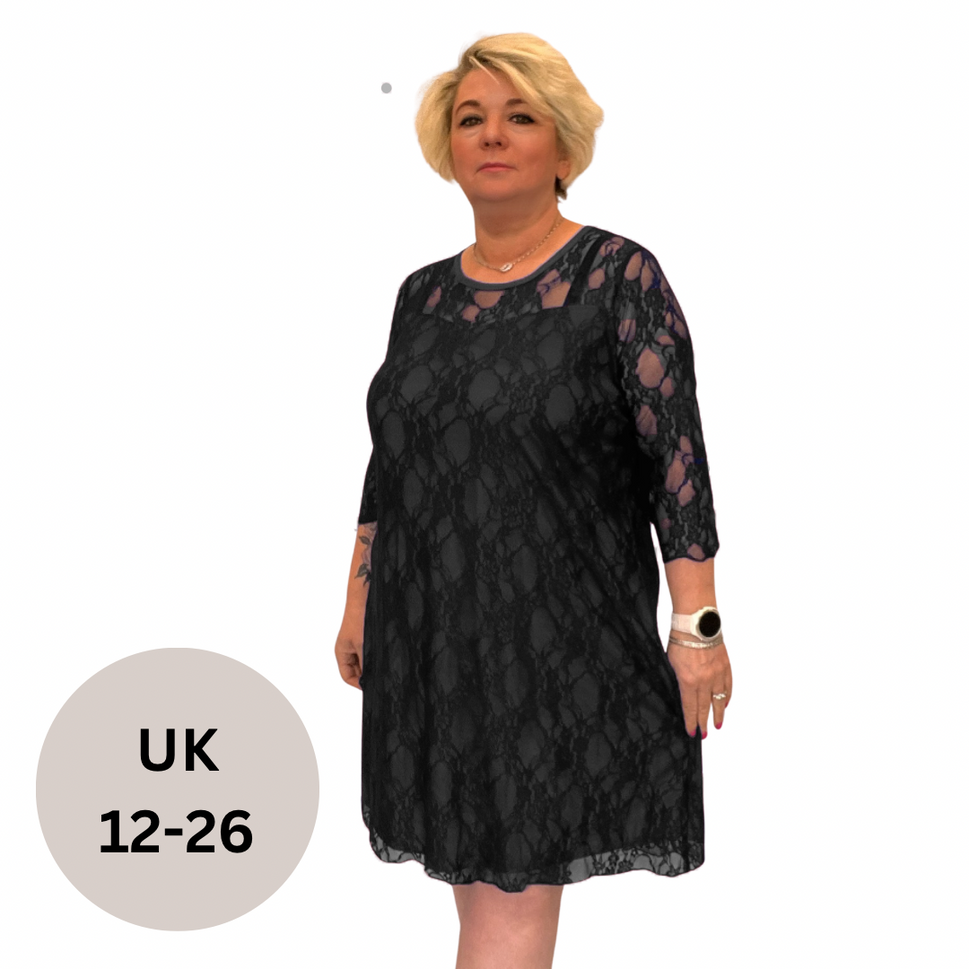 FINE LACE 3/4 SLEEVE SWING DRESS WITH SWEETHEART NECKLINEBlack / UK 12-14