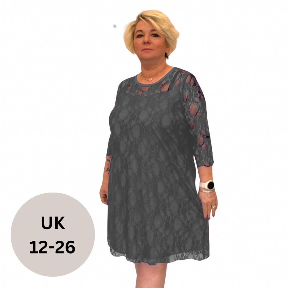 FINE LACE 3/4 SLEEVE SWING DRESS WITH SWEETHEART NECKLINECharcoal / UK 12-14