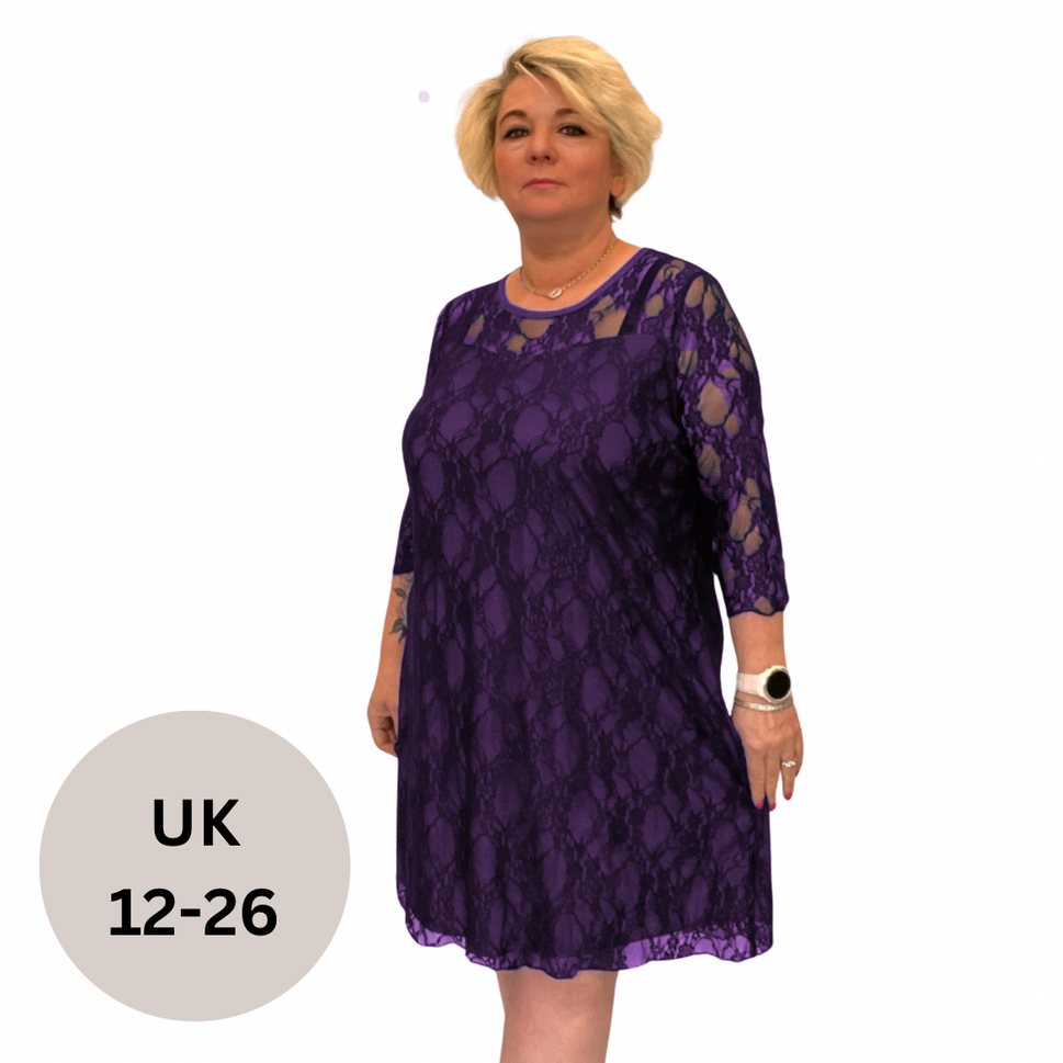 FINE LACE 3/4 SLEEVE SWING DRESS WITH SWEETHEART NECKLINEPurple / UK 12-14