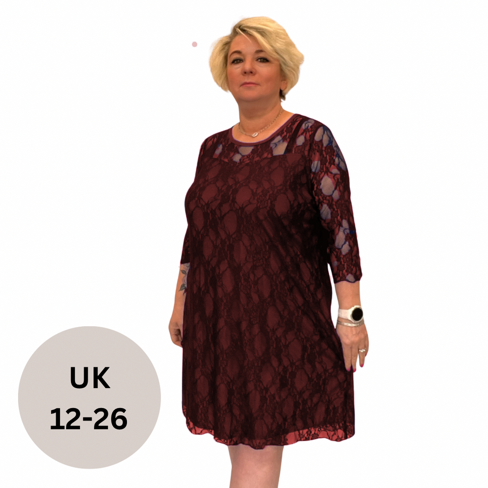 FINE LACE 3/4 SLEEVE SWING DRESS WITH SWEETHEART NECKLINEWine / UK 12-14