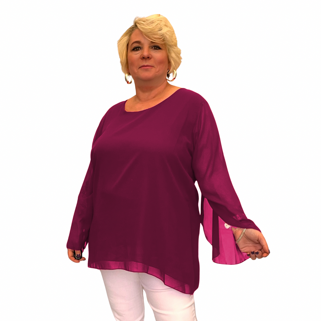 CHIFFON LINED BLOUSE WITH FLUTED SLEEVES
