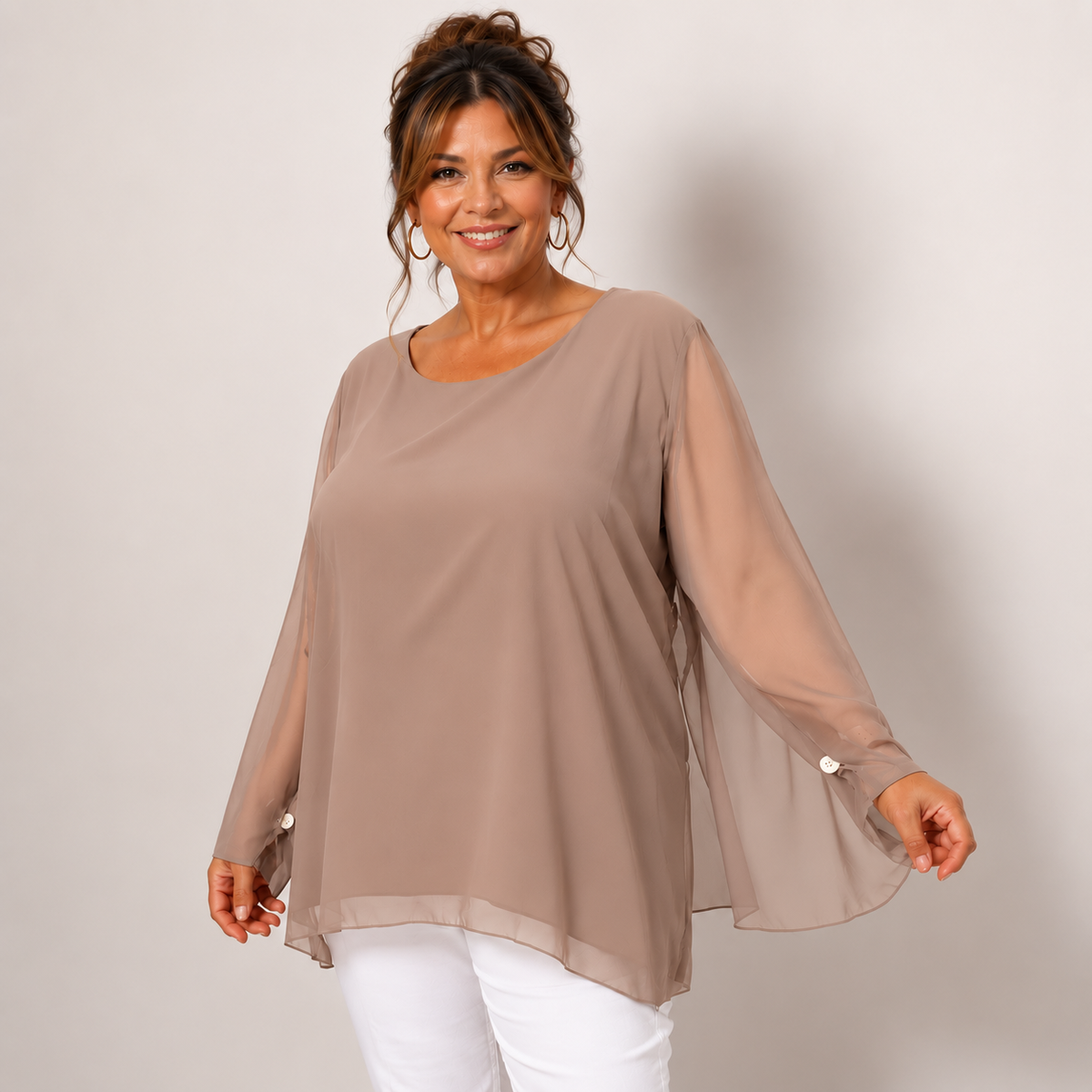 CHIFFON LINED BLOUSE WITH FLUTED SLEEVES