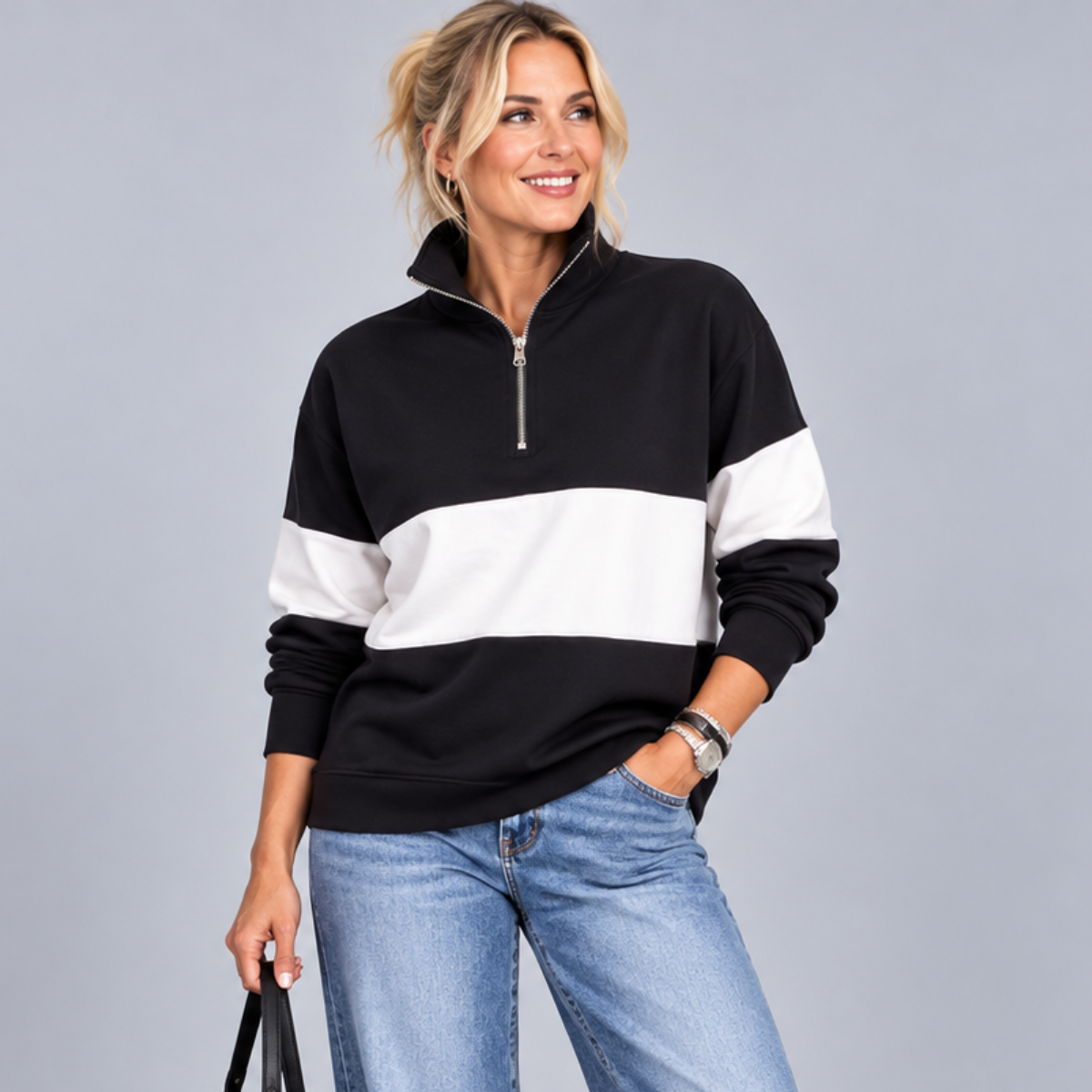 Navy White Heavy Cotton 1/4 Zip Top