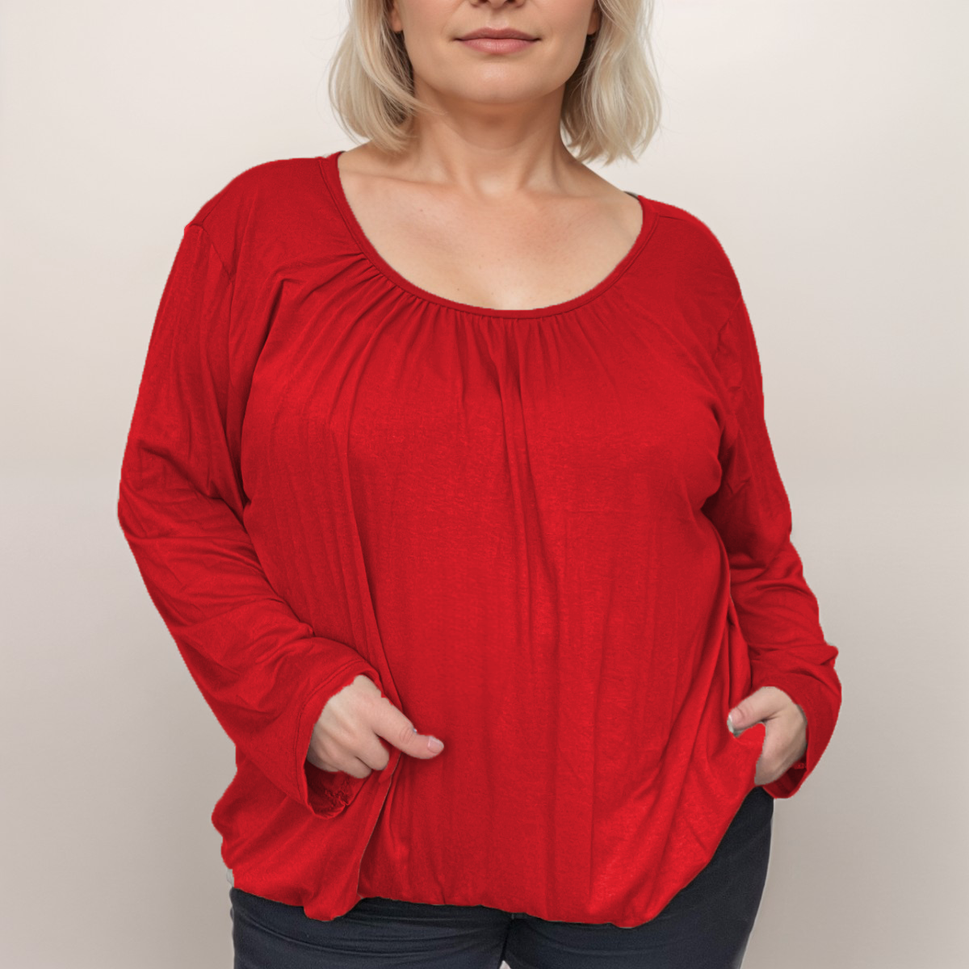 LONG SLEEVE PLAIN T-SHIRT WITH ELASTICATED WAIST AND NECKRed / UK 12-14