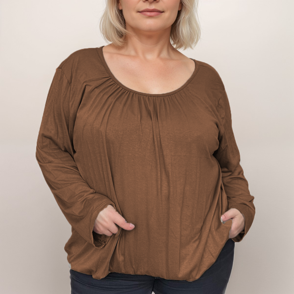 LONG SLEEVE PLAIN T-SHIRT WITH ELASTICATED WAIST AND NECKBrown / UK 12-14