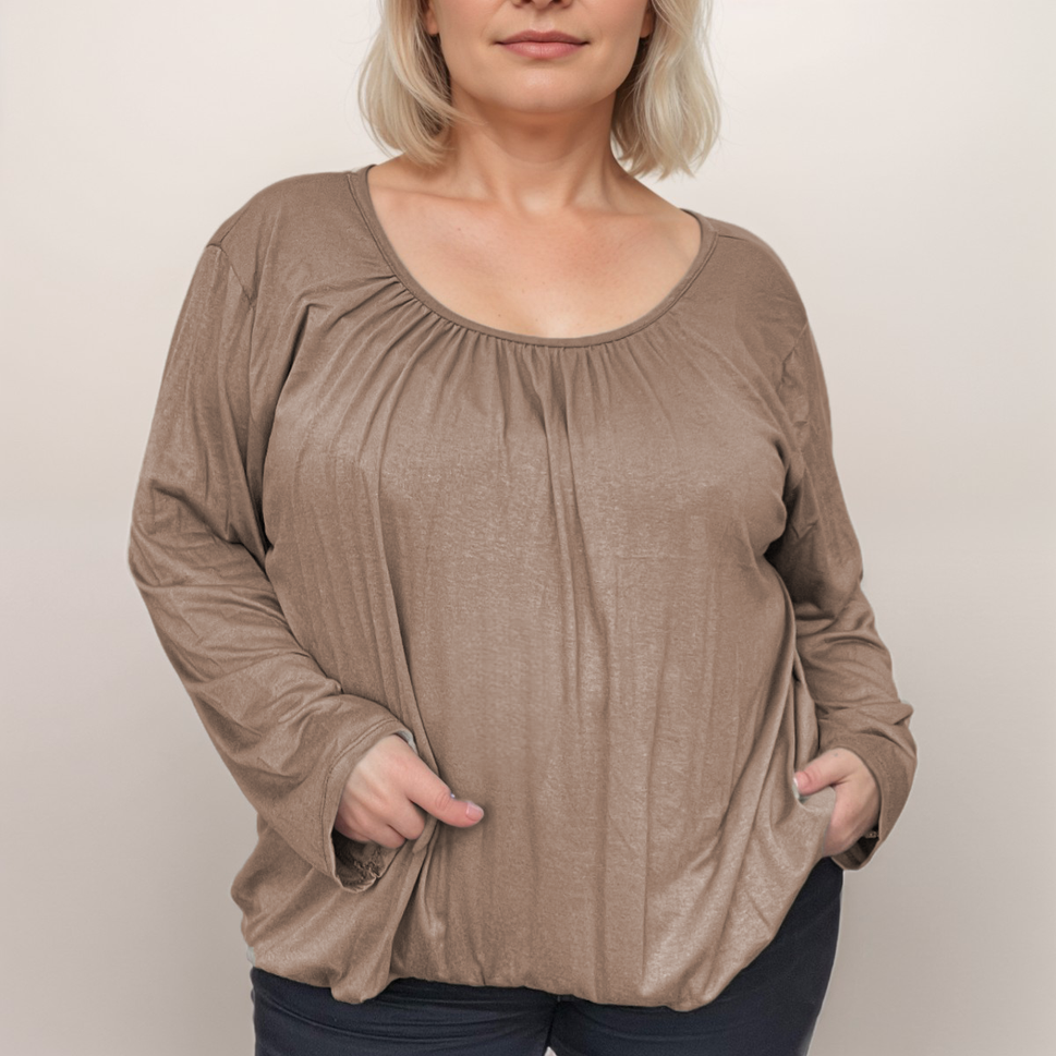 LONG SLEEVE PLAIN T-SHIRT WITH ELASTICATED WAIST AND NECKTaupe / UK 12-14