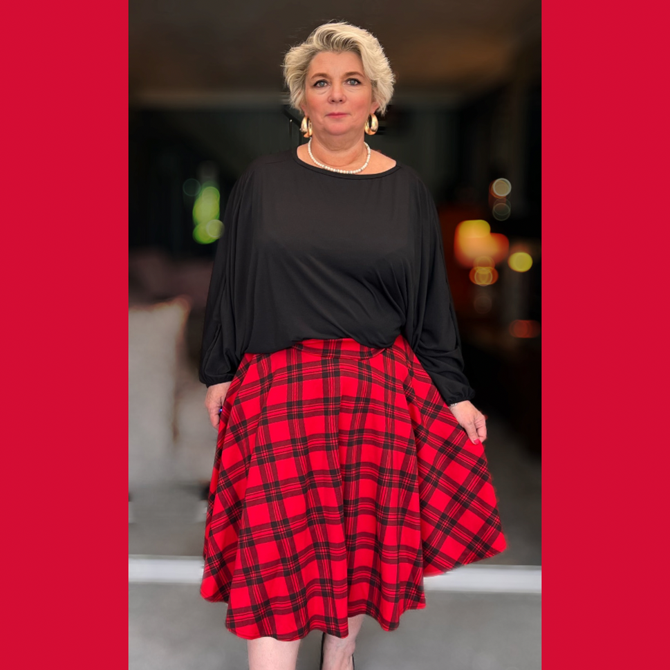 ROCKTHOSECURVES TARTAN A-LINE SWING SKATER SKIRT WITH ELASTICATED WAISTRed / Black / UK 14