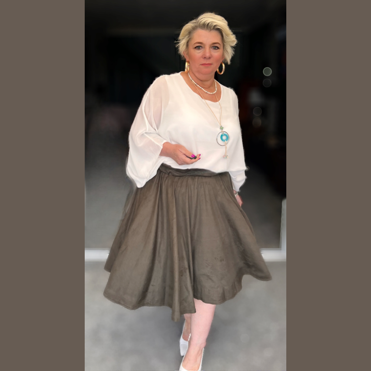 FAUX SUEDE ELASTICATED WAIST FULL SKATER SKIRT PLUS SIZES