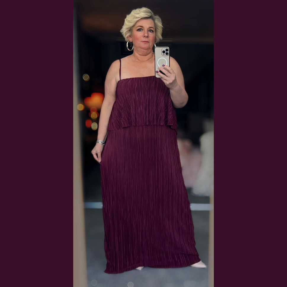 Pleated strappy Maxi Dress with overlay top sectionWine / UK 12-14