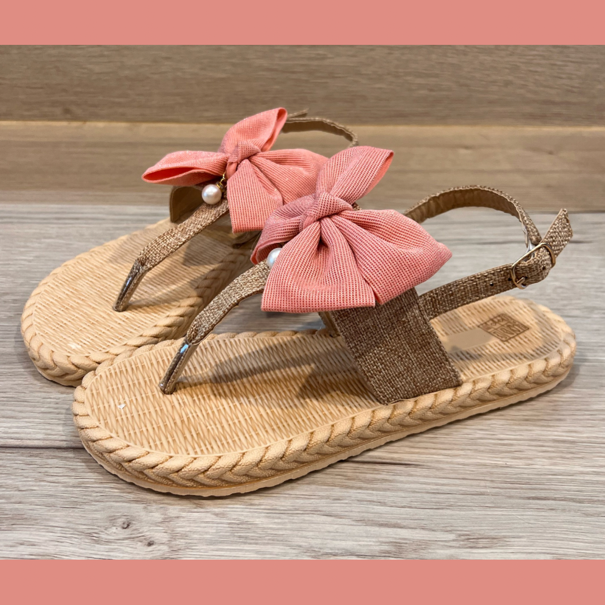 PINK BOW FLAT SANDALS WITH PEARL DROP