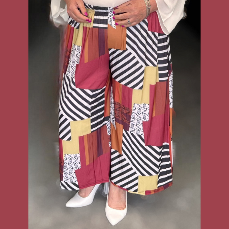 PATCH MULTI ELASTIC WAIST 3/4 LENGTH PALAZZO TROUSERS CULOTTES