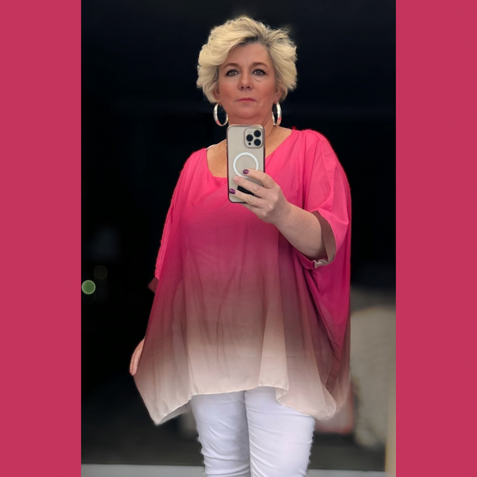 OMBRE CHIFFON OVERSIZED BATWING BLOUSEFUCHSIA / UK 12-14