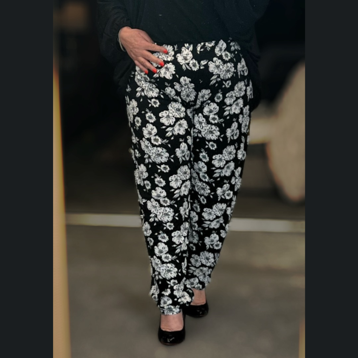 Black with Large white Flower elasticated waist trousers