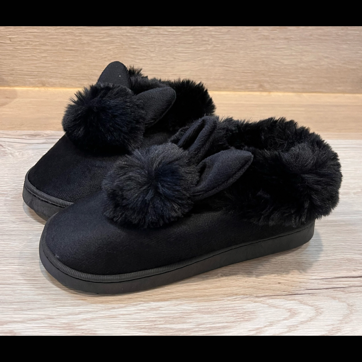 Black outdoor sole fluffy slippers with bunny ears