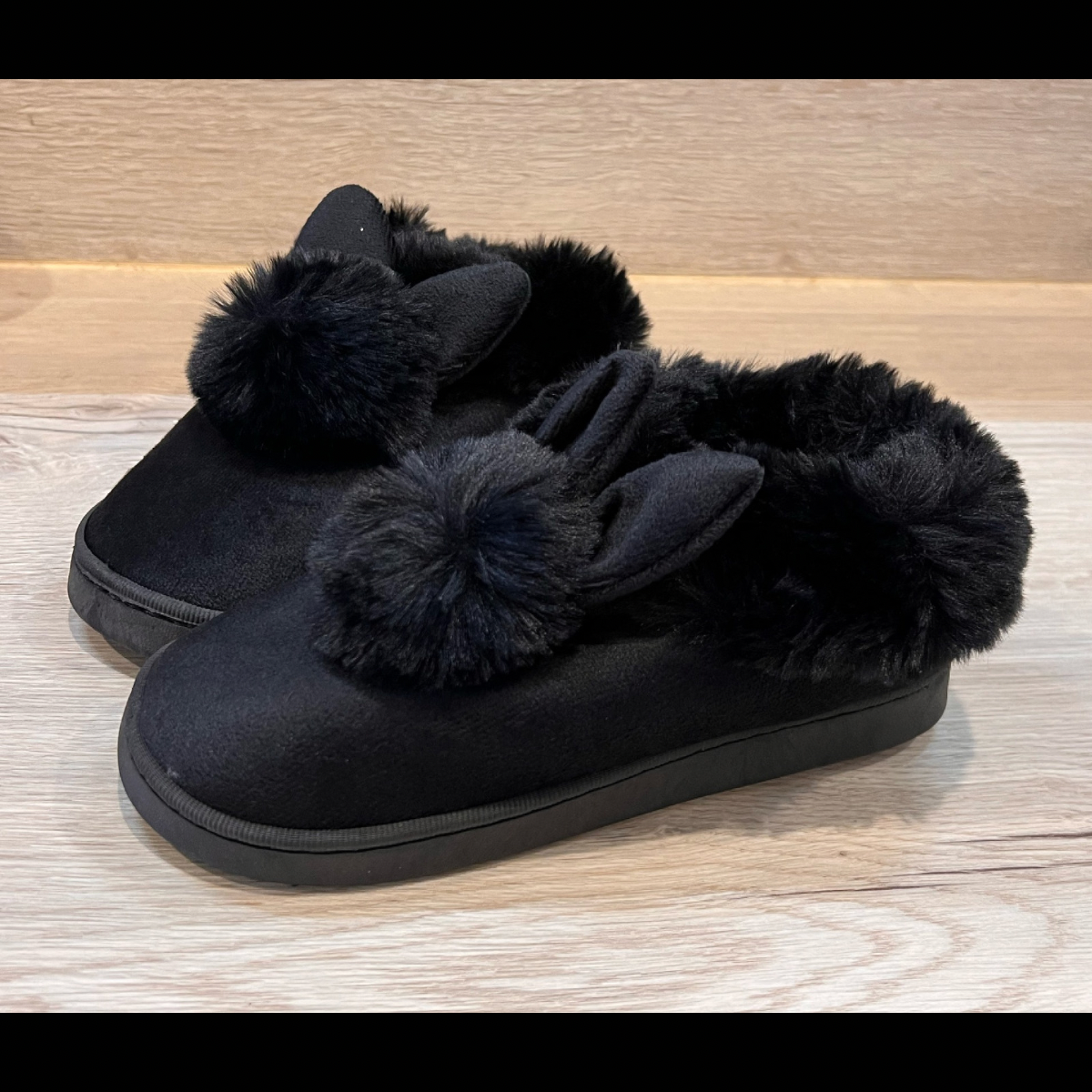 BLACK FULL FOOT SLIPPERS WITH BUNNY EARS AND OUTDOOR SOLE