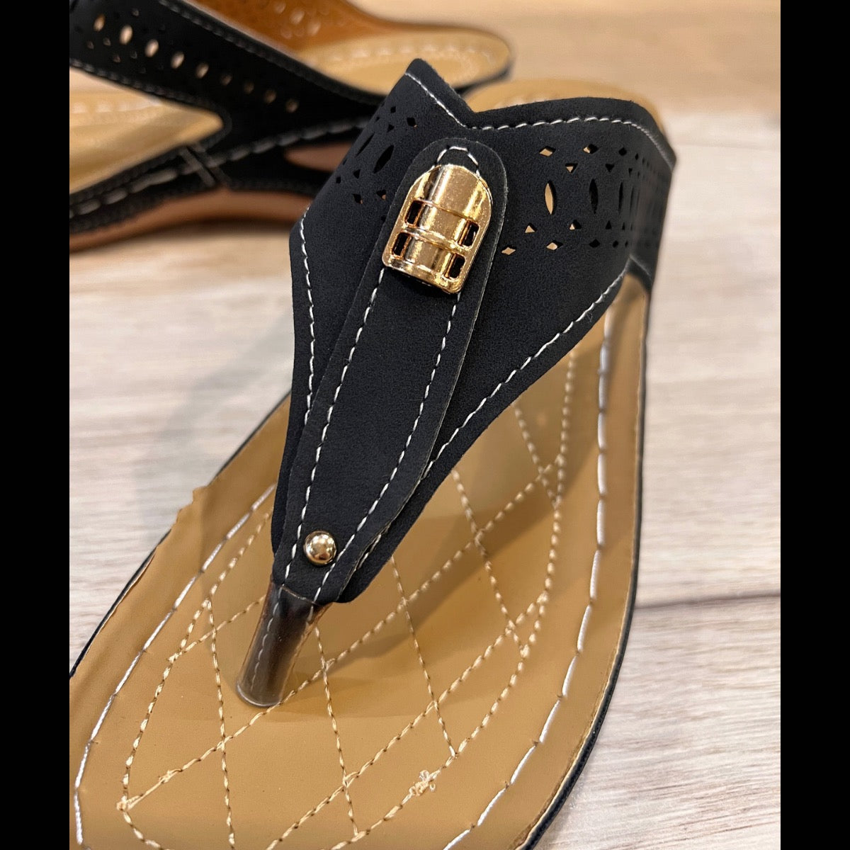 Black with Gold detail Lightweight Low wedge sandals with toe post