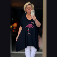 Button Sleeve tunic top with studded flamingo
