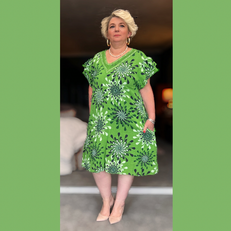 PURE COTTON A LINE DRESS WITH SIDE POCKETS AND CROCHET V NECK