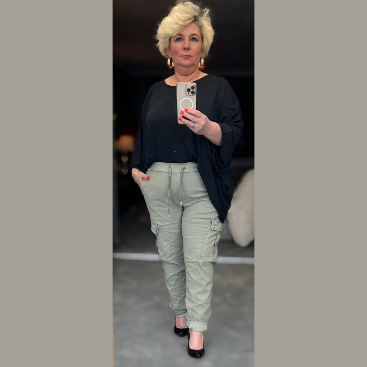 Super Stretchy high rise ELASTIC WAIST cargo button pocket trousers