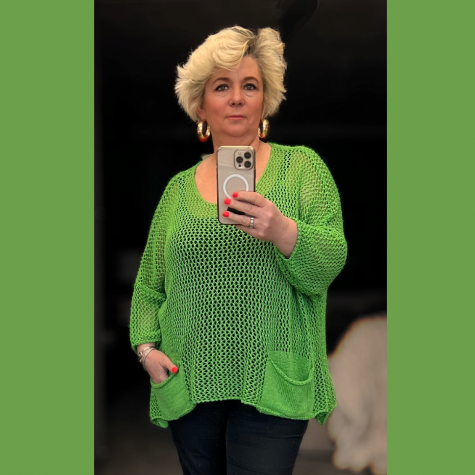 Crocheted Knitted pocket front oversized jumper / topGreen / UK 16-18