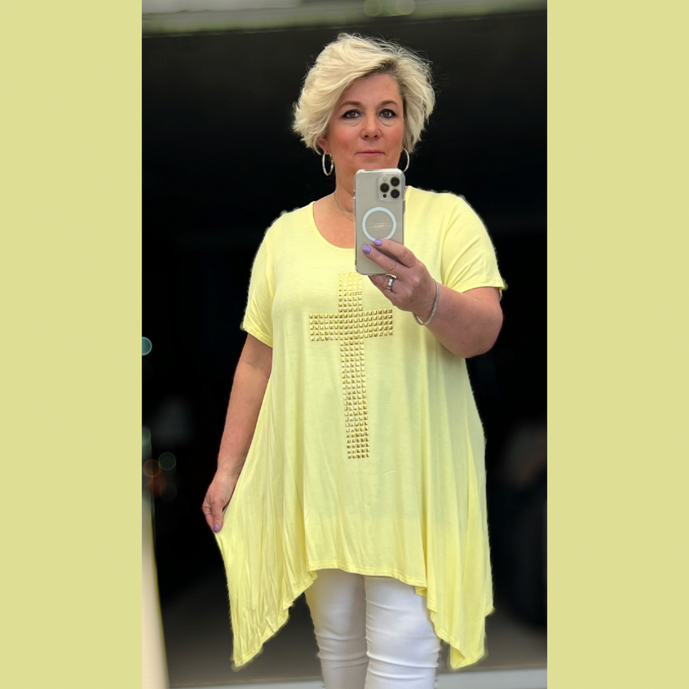 Short sleeve hanky hem plus size top with studded cross detailYellow / UK 12-14