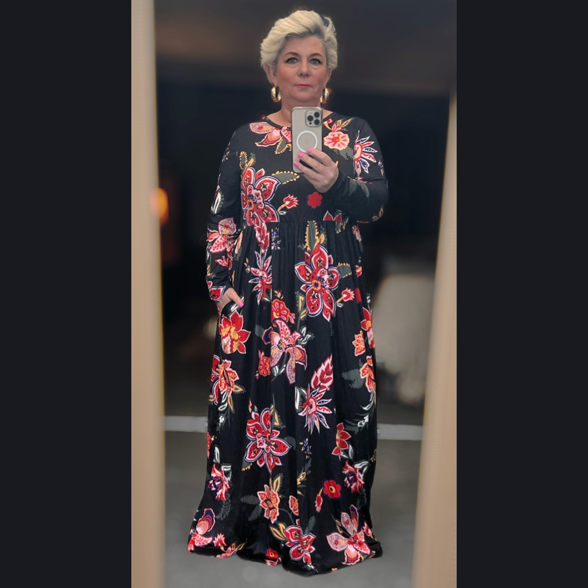Black / Red Long Sleeve lily print Maxi Dress with side pockets PLUS SIZE