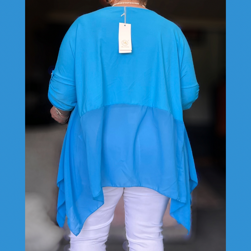 ROCKTHOSECURVES BUTTON SLEEVE CHIFFON HANKY HEM LONG TOP / BLOUSE