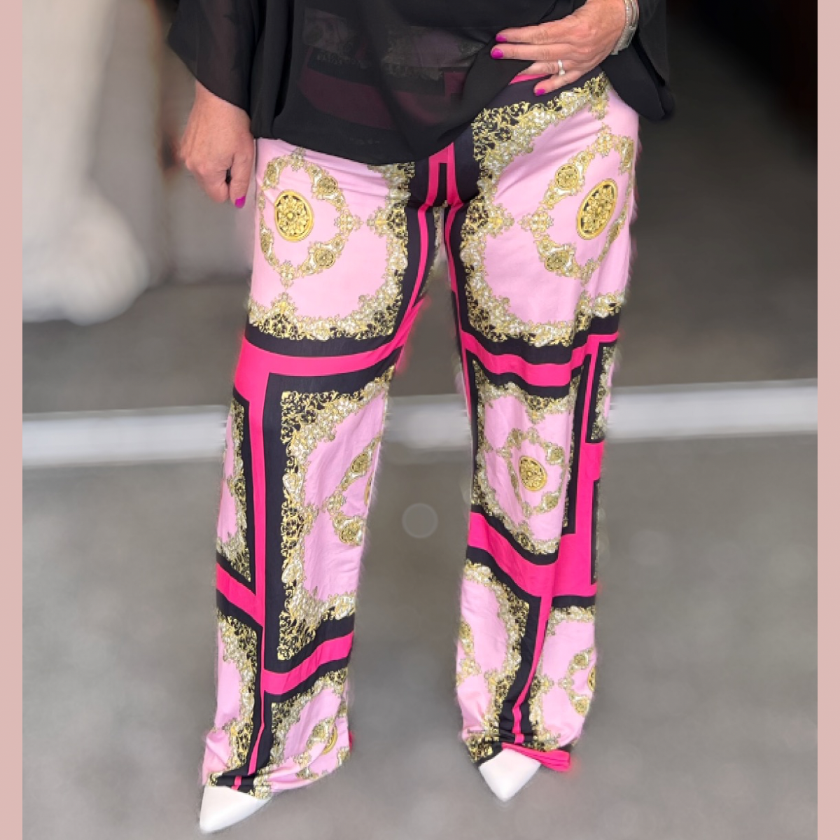 BRIGHT PINK GOLD TILE EFFECT ELASTIC WAIST PALAZZO PANTS