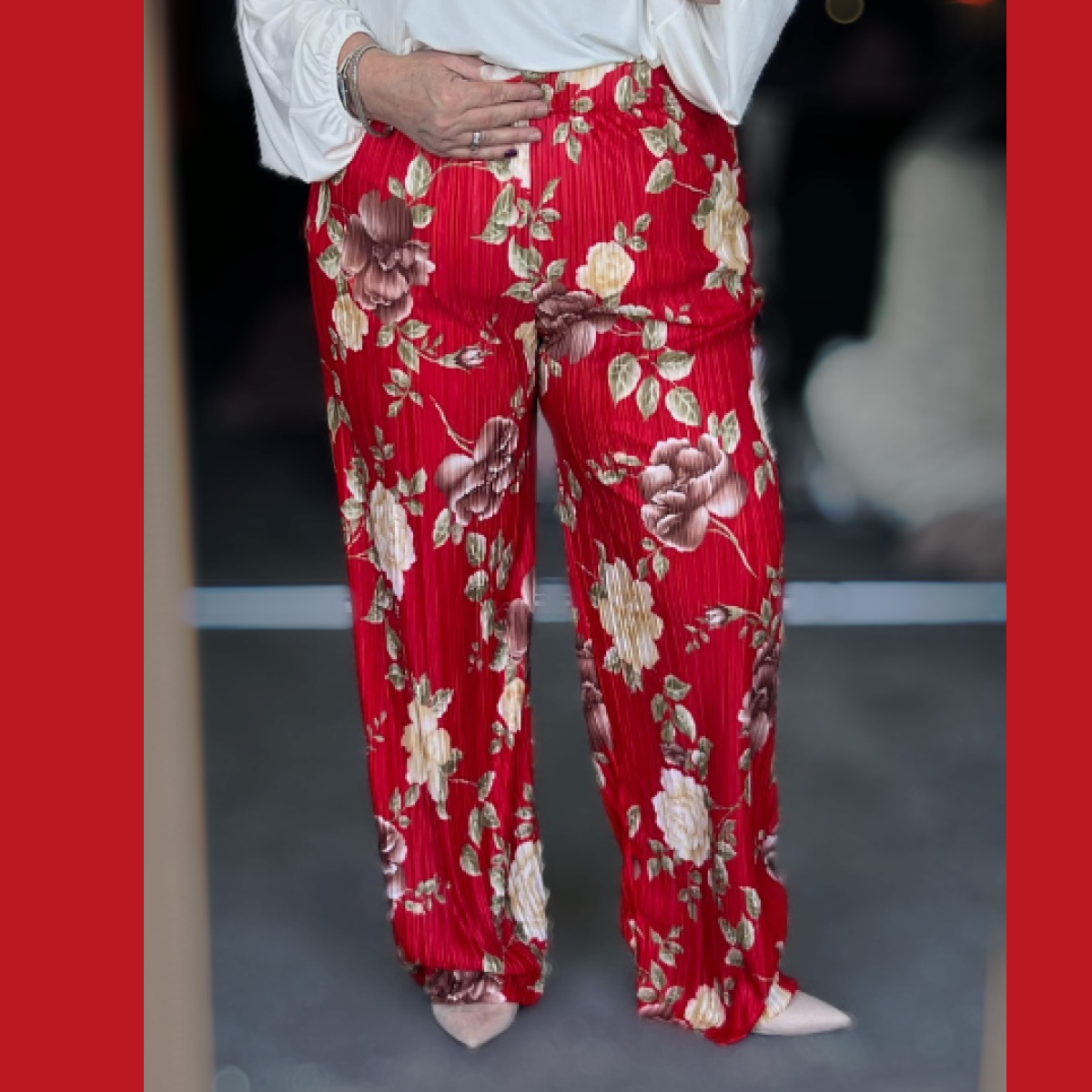 Red Floral Crinkle Pleated Elasticated Waist Trousers