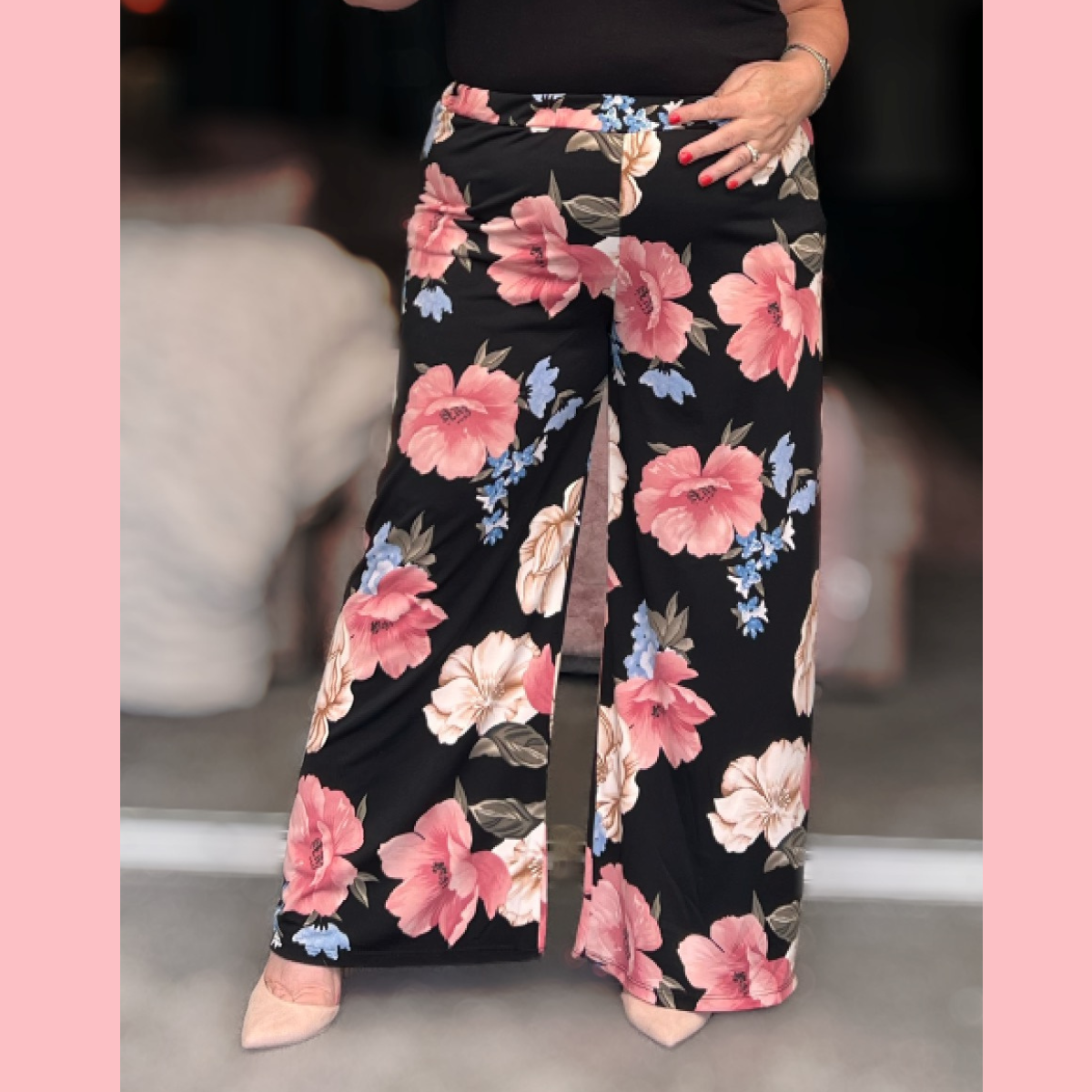 BLACK PINK FLORAL ELASTICATED WAIST PALAZZO TROUSERS