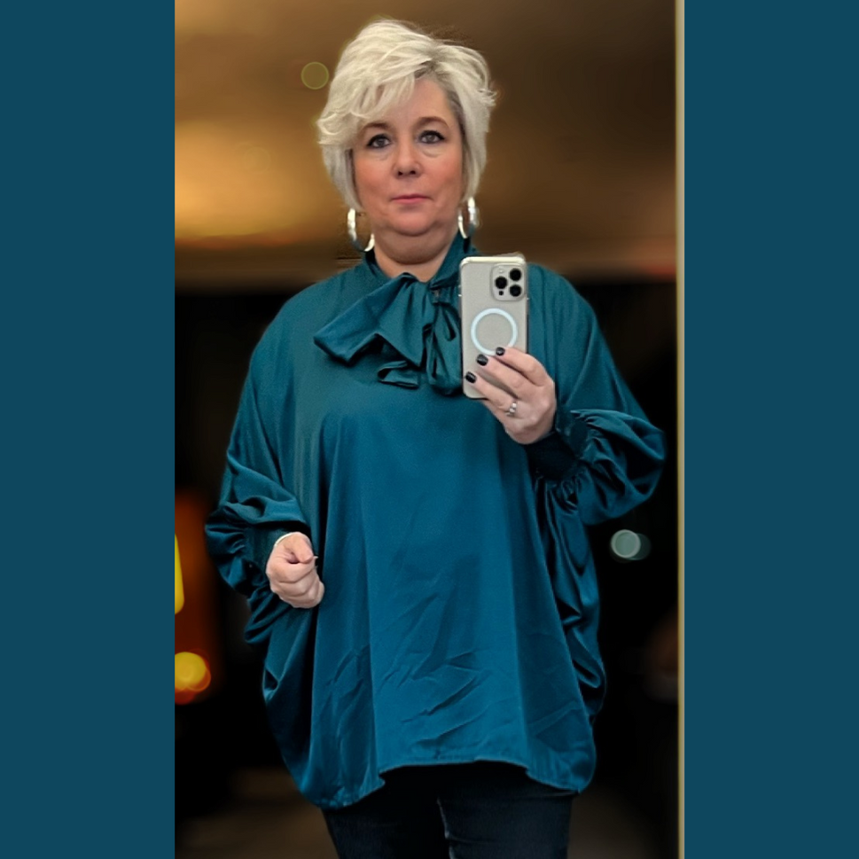 Satin Oversized Long Sleeve Blouse with Neck TieTeal / UK 16-18