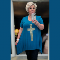 Short sleeve hanky hem plus size top with studded cross detail
