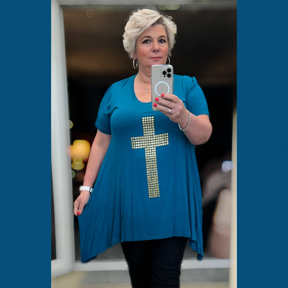 Short sleeve hanky hem plus size top with studded cross detailTeal / UK 12-14