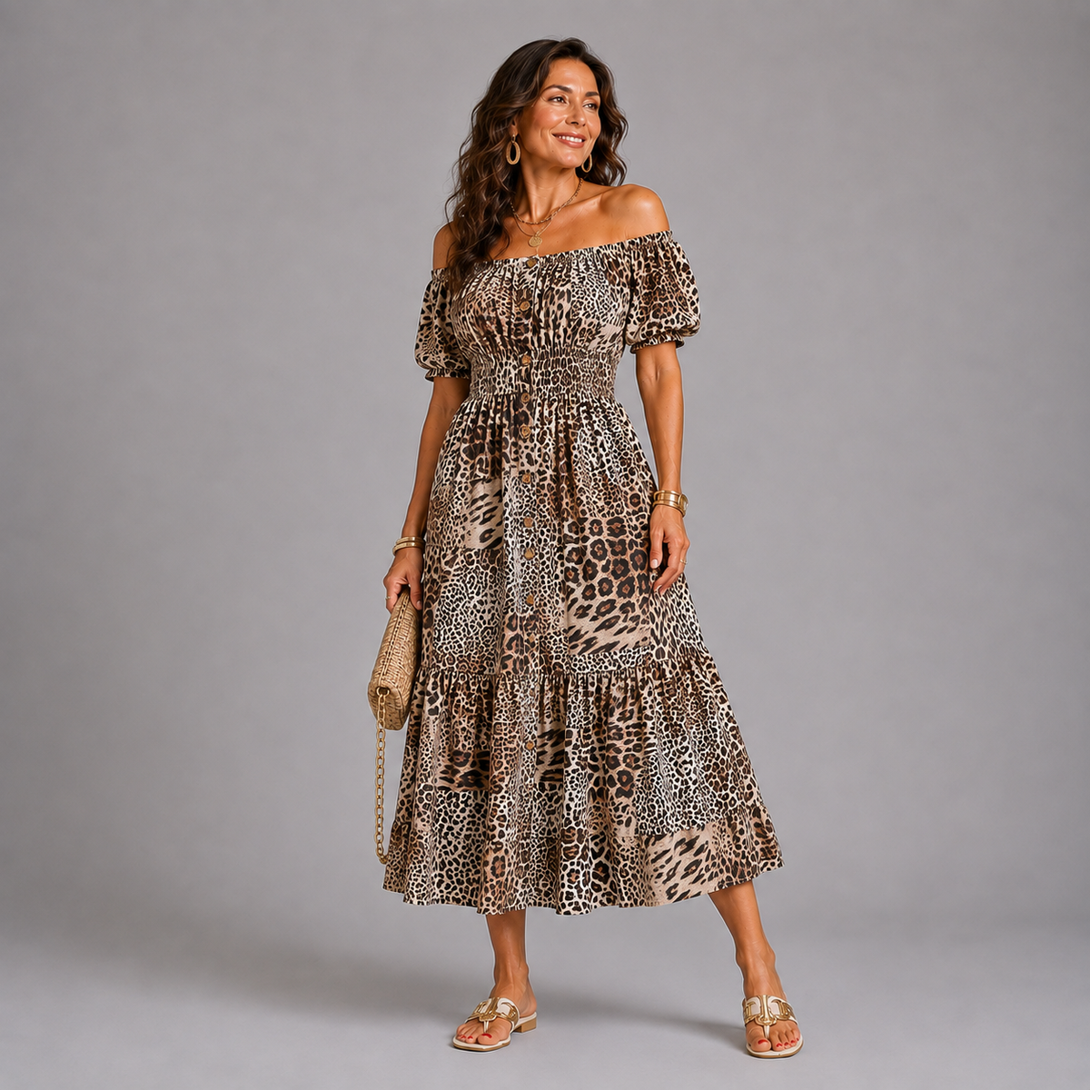 Leopard Panel Off Shoulder Layered Gypsy Midi Dress