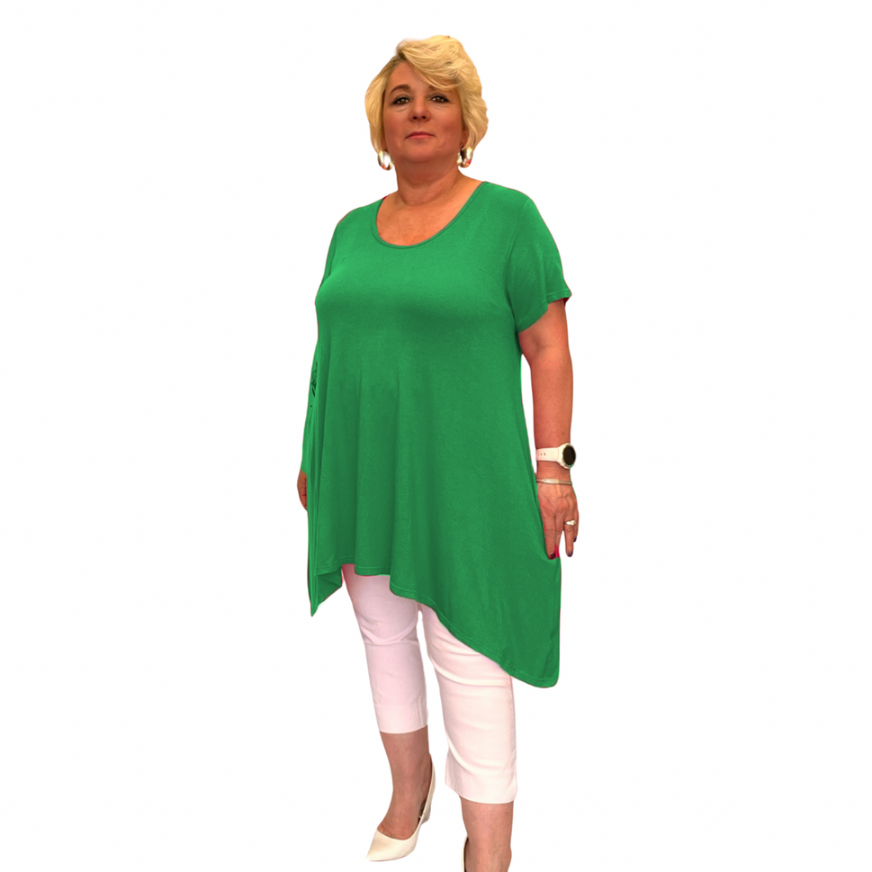 LONG PLAIN HANKY HEM SHORT SLEEVE SWING TOP / T-SHIRTGreen / UK 14